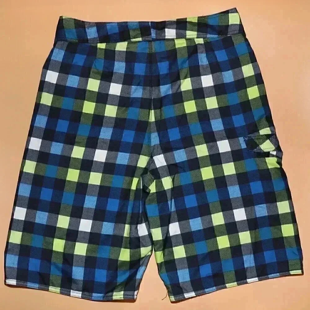 Burnside Blue Lime Green Checkered Swim Trunks Size 34 Summer Beach Board Shorts